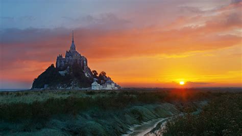France Mont Saint Michel Under Cloudy Sky During Sunset Hd Nature