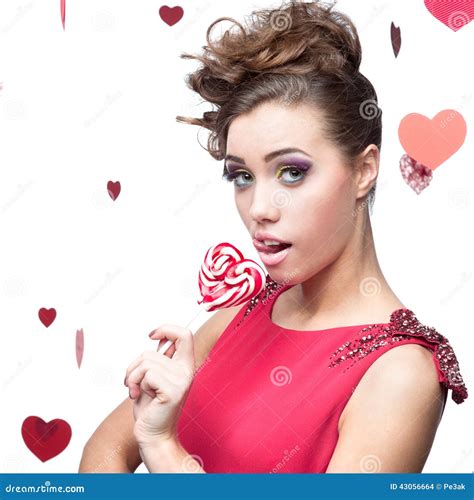 Brunette Woman Holding Lollipop Stock Photo Image Of White Delighted