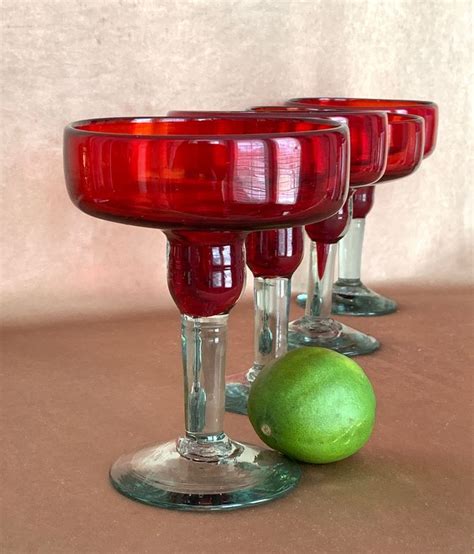 Hand Blown Red Margarita Glasses Made In Mexico Holiday Etsy Hand