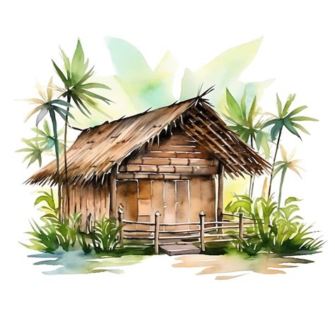 Premium Ai Image Watercolor Bahay Kubo Featuring The Bamboo Walls And
