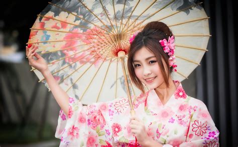 Wallpaper Wanita Model Asia Payung Gaun Berwarna Merah Muda Orang Pakaian Geisha