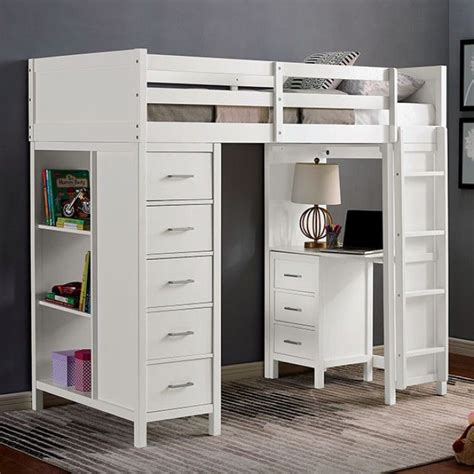 Cm Bk970 Cassidy White Finish Wood Twin Loft Bunk Bed With Bookcase