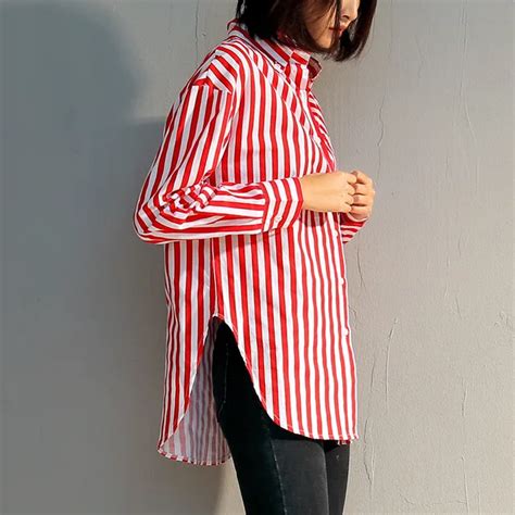 Buy White And Red Vertical Striped Shirts Womens 2018 Casual Long Sleeve Turn