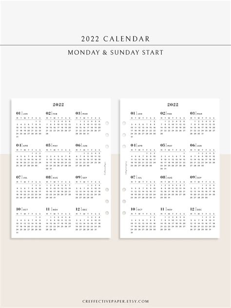 2022 Yearly Calendar Printable Template Year At A Glance Etsy
