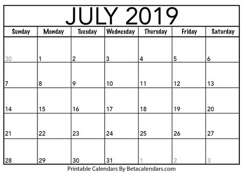 Blank July 2019 Calendar Printable Beta Calendars