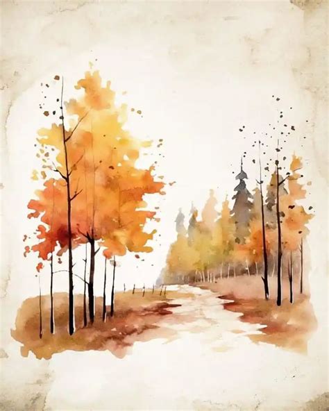 Watercolor Painting Of Trees And Dirt Road