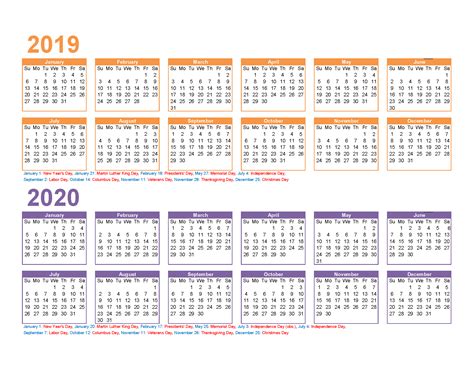 2019 2020 Printable Calendar With Holidays Pdf Excel