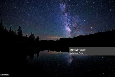Night Sky Mountain Lake And Milky Way Galaxy High Res Stock Photo