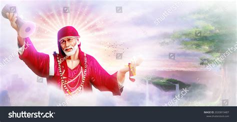 Sai Baba Hindu God Of Shirdi Wallpaper With Clouds Rays Mountains Om