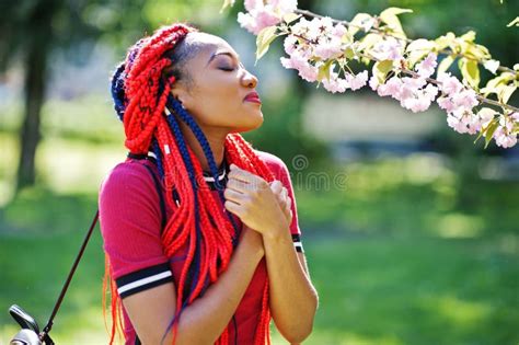cute and slim african american girl in red dress with dreadlocks stock image image of person
