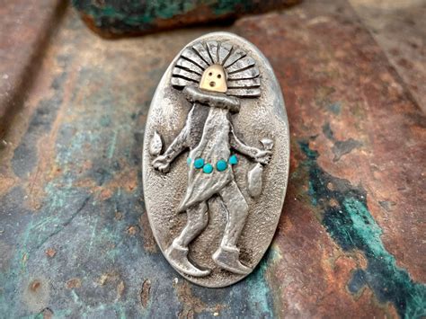 Sterling Silver 14K Gold Turquoise Tufa Cast Yei Shield Ring By Navajo