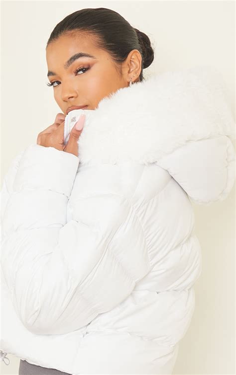 White Faux Fur Hooded Puffer Coat Prettylittlething Il