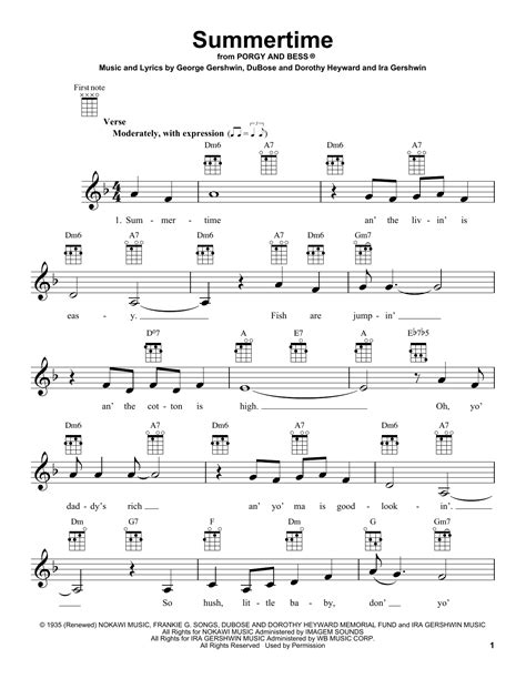 Summertime Sheet Music By George Gershwin Ukulele 160325