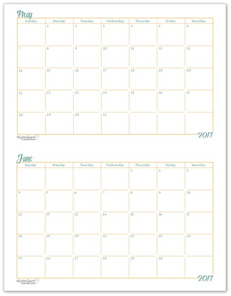 2017 Half Size Monthly Calendar Printables