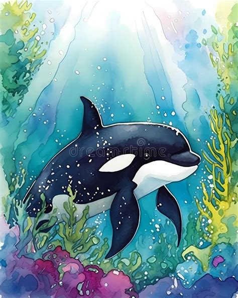 Cartoon Orca Watercolor Illustration Happy Underwater Whale Swimming In