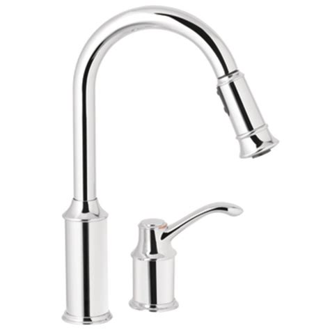 Temperature and volume are controlled by using both handles, one for hot and one for cold. Moen 7590C Aberdeen One-Handle High Arc Pulldown Kitchen ...