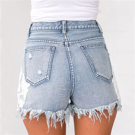 June White Lace Distressed Denim High Waisted Jean Shorts Glamanti Beauty