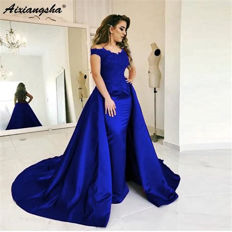 Royal Blue Lace 2019 Mermaid Evening Dress Detachable Train Plus Size Long Prom Gowns Appliques