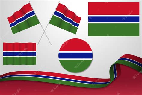 conjunto de banderas de gambia en diferentes diseños icono desollando banderas con cinta con