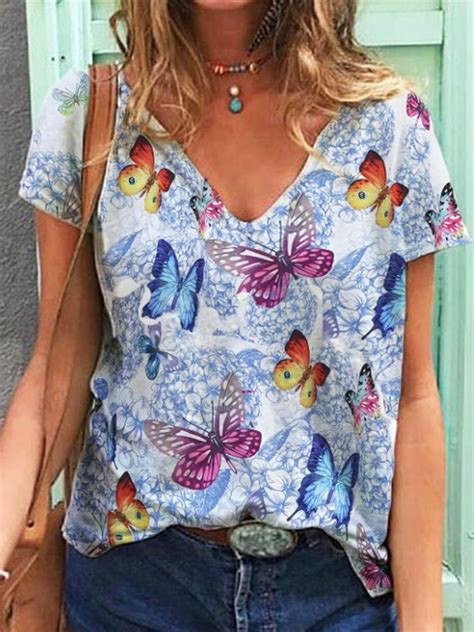 Vintage Butterflies Printed Short Sleeve V Neck Plus Size Casual Tops