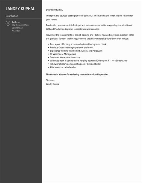 Order Selector Cover Letter | Velvet Jobs