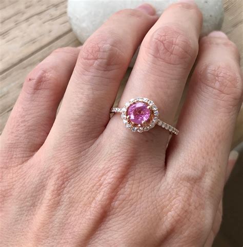 Certified Round Ct Pink Sapphire Solid Gold Engagement Ring Genuine Sapphire Halo Diamond