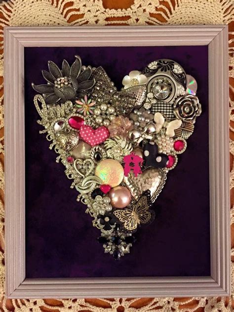 Handmade Upcycled Vintage Jewelry Heart Framed Artwork Vintage