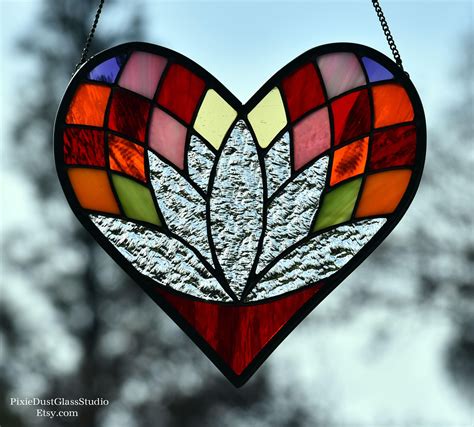 Stained Glass Suncatcher Heart Shaped Lotus Flower Window Hanging