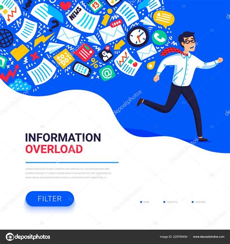 Information overload concept. Young man running away from information ...