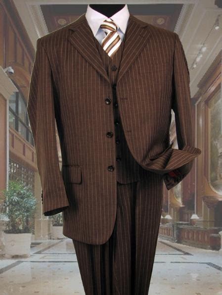 mens 3 piece suit brown with cream pinstripe 3 button vest cheap mens navy stripe peak lapel
