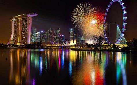 Wallpaper Cityscape Night Singapore Water Reflection Fireworks