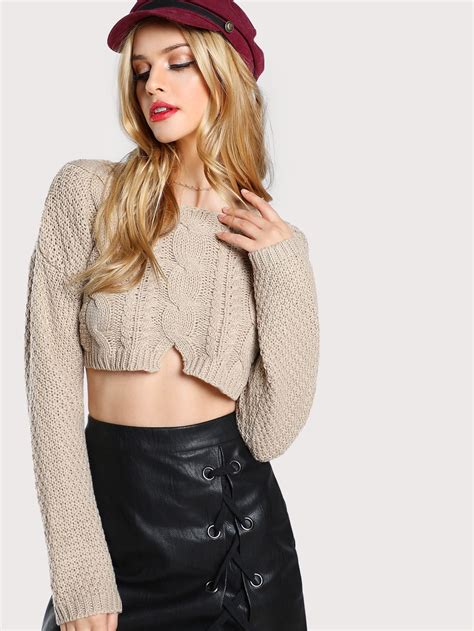 Cable Knit Cropped Sweater Top Taupe Makemechiccom With Images