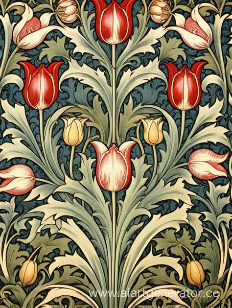 Detailed Floral Art Nouveau Wallpaper Inspired By William Morris Tulip