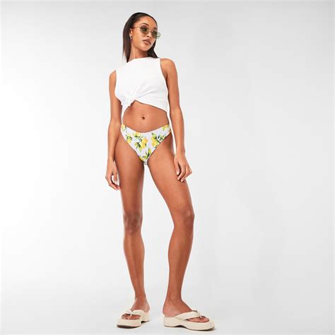 Missguided Lemon Print High Leg Boomerang Bikini Bottoms White