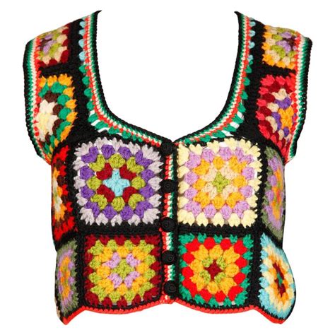 Adolfo For I Magnin 1970s Vintage Wool Granny Squares Hand Crochet
