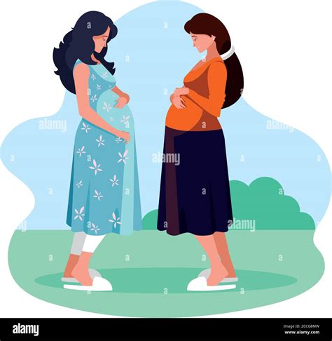Pregnant Women Cartoons At Park Design Belly Pregnancy Maternity And Mother Theme Vector