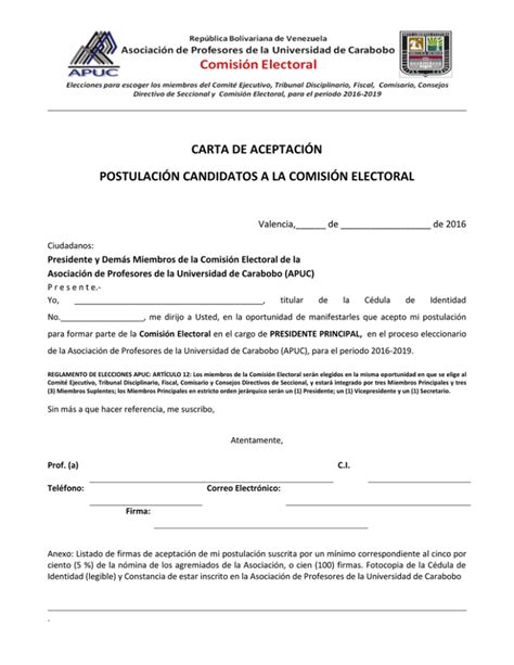 Carta De Aceptaci N Postulaci N Candidatos A La Comisi N Electoral