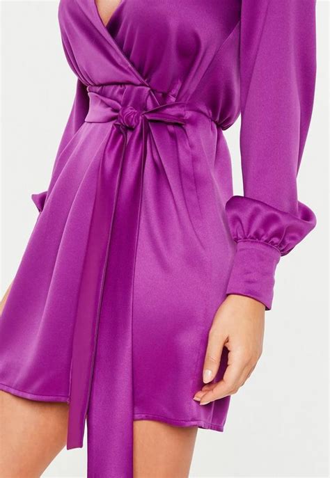 Purple Satin Wrap Cuff Detail Skater Dress Missguided
