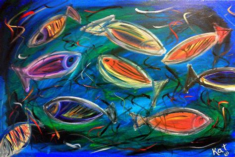 Abstract Fish Original Oil On Gallery Wrapped Canvas 36 X 24 By Kat