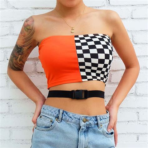 Free Shipping Orange X Checker Buckle Tube Top Tube Top Outfits Cute