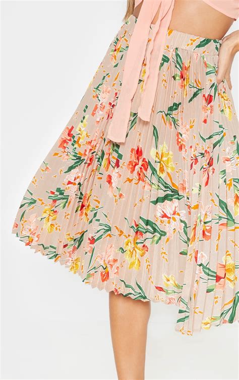 Pink Floral Printed Pleated Midi Skirt Prettylittlething