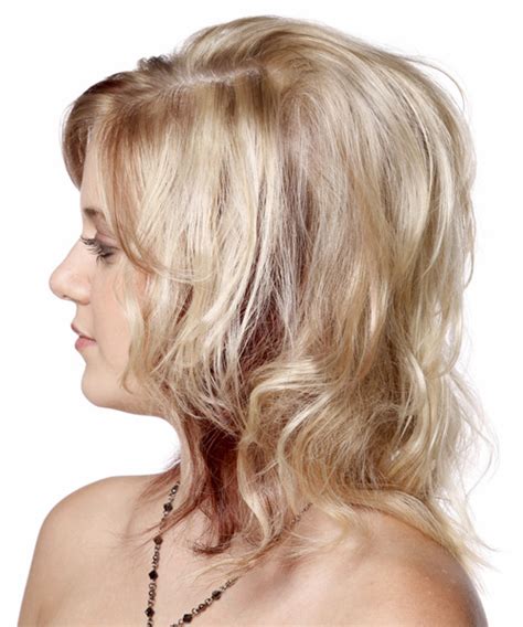 Medium Wavy Light Blonde Hairstyle With Side Swept Bangs And Red Highlights