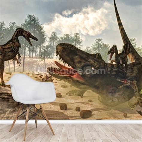 Tarbosaurus Attacked By Velociraptor Wallpaper Wallsauce Uk