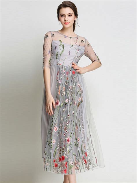 Gray Embroidery Floral Sheer Mesh Midi Dress Dresses Embroidery