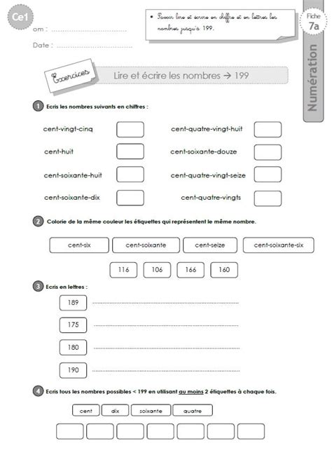 Ce1 Cycle2 Exercices Corriges Lire Et écrire Les Nombres Jusquà 199