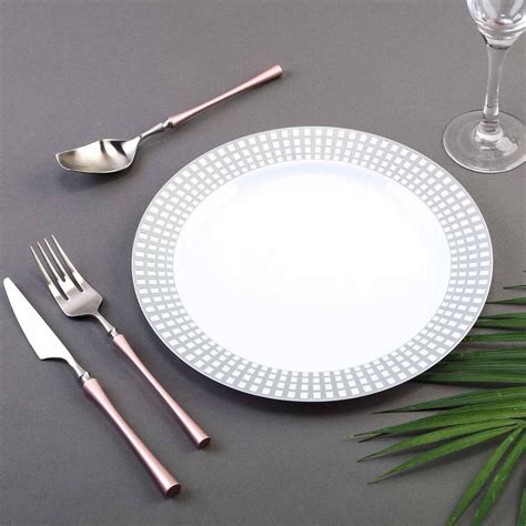 10 Pack 10 White Round Disposable Plastic Dinner Plates With Silver