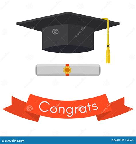 Black Graduation Cap Diploma And Red Ribbon Vector Illustration Stock