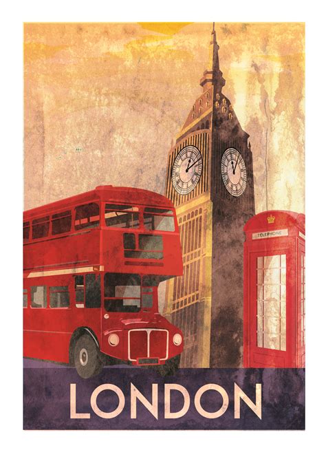 Vintage London Poster Featuring London Bus Big Ben And Red Phonebox