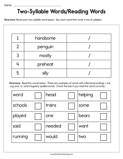 Knowing how to divide words. Two Syllable Words Reading Words Worksheet • Have Fun Teaching