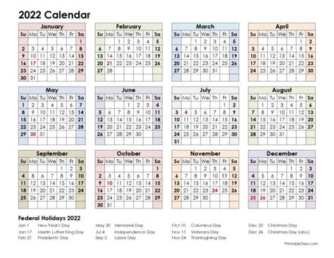 Free Printable Yearly 2022 Calendar With Holidays As Word Pdf Create